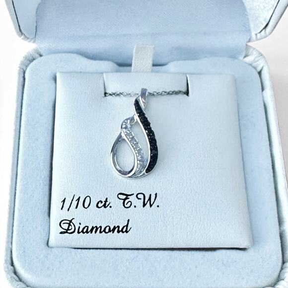 Sterling Silver 1/10 Ctw Diamonds Black and White Pendant Necklace Teardrop 925 - Picture 4 of 8